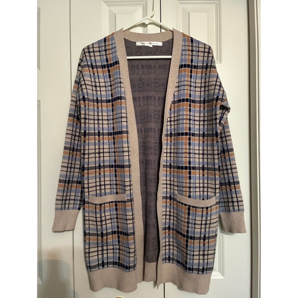 Max Studio Plaid Knit Boyfriend Open Long Cardigan Grandpa Sweater Academia M